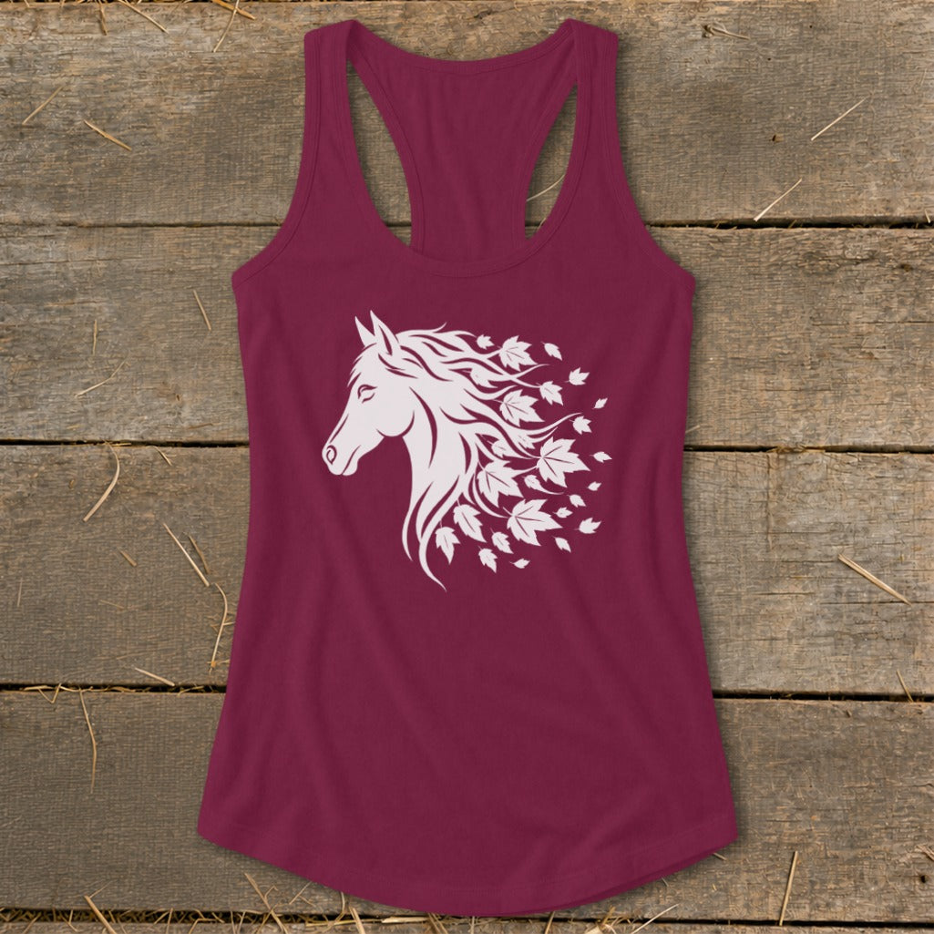 Maroon racerback tank top with white horse head and leaf mane graphic.