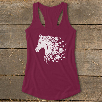 Maroon racerback tank top with white horse head and leaf mane graphic.