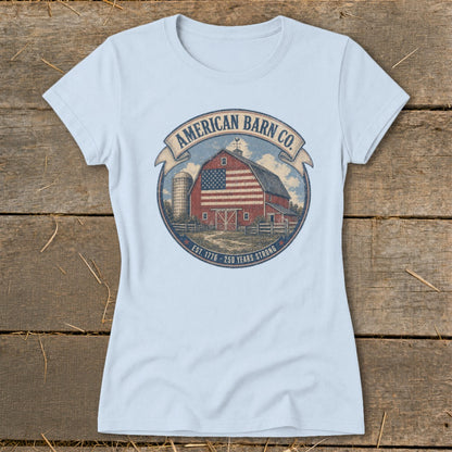 T-shirt with American Barn Co. logo featuring a red barn with American flag and silo, "Est. 1776 - 250 Years Strong".