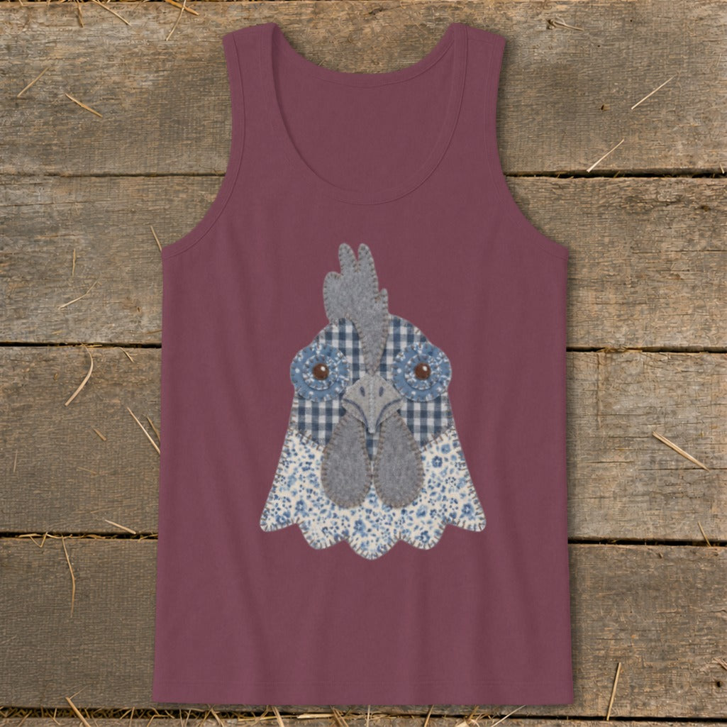 Maroon tank top with a fabric applique of a rooster's face.