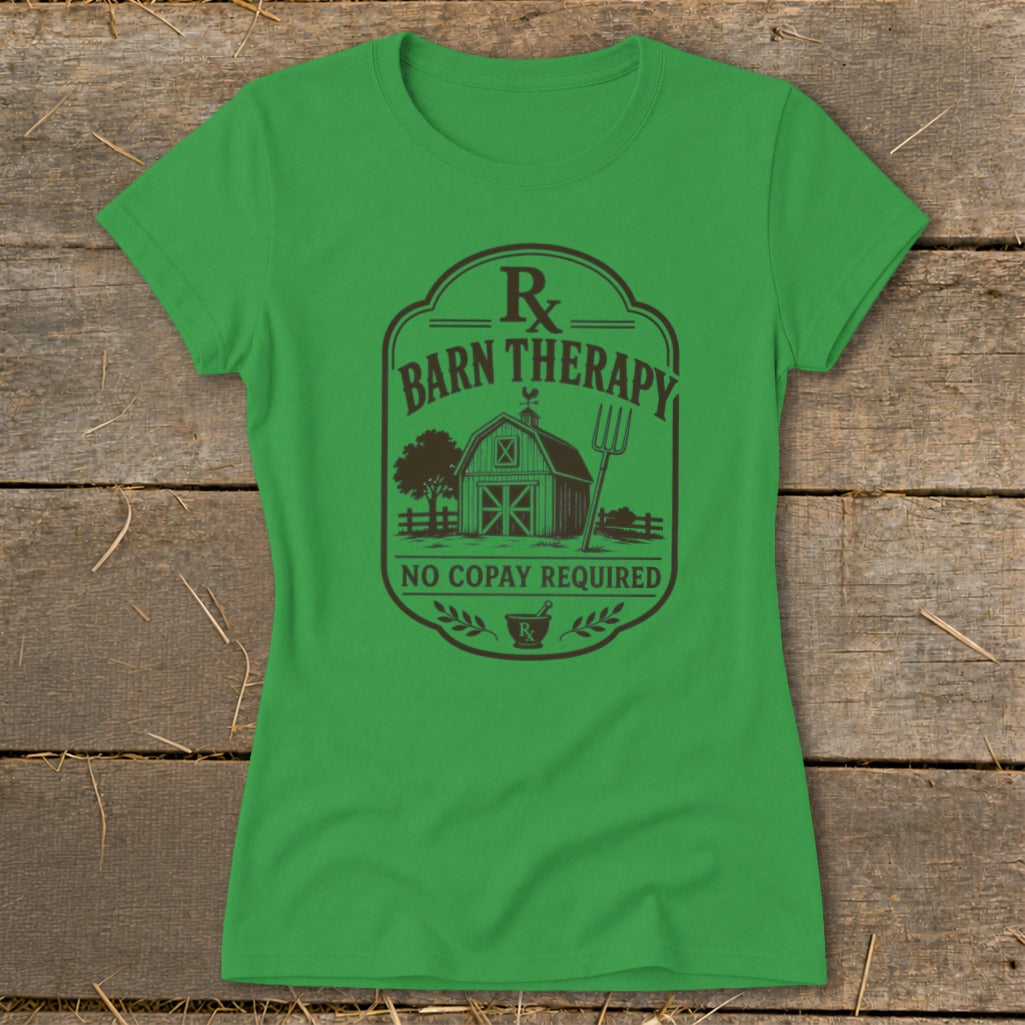 Green t-shirt with "Barn Therapy" and "No Copay Required" design.