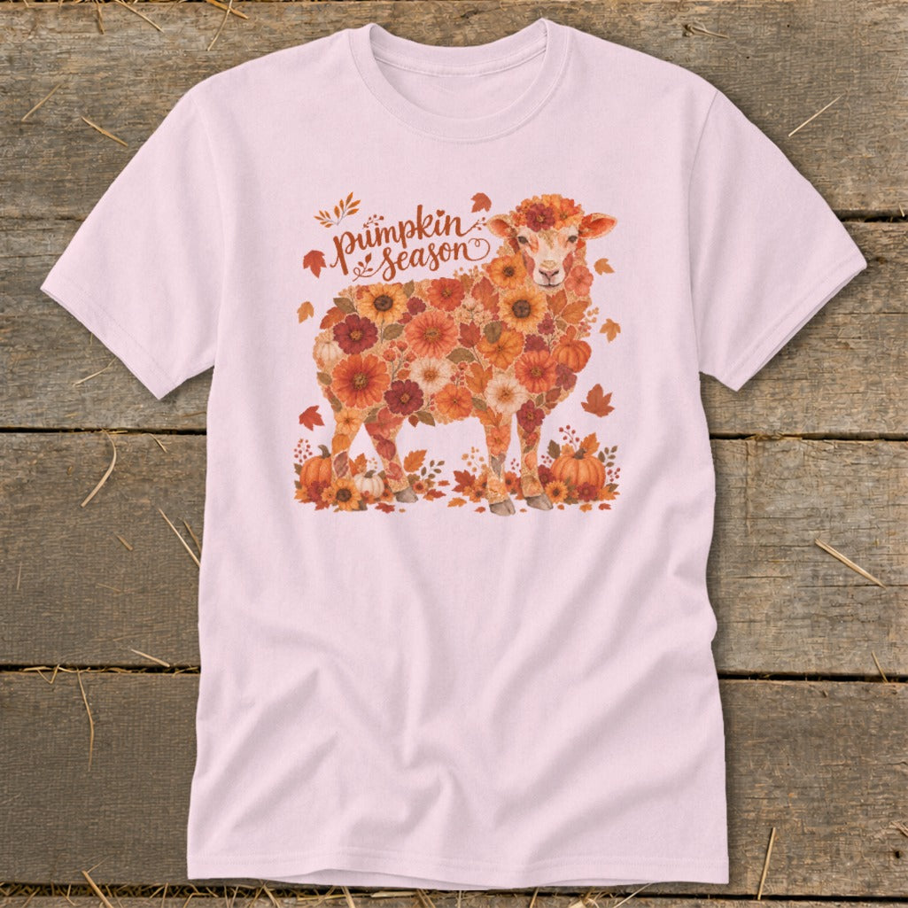 Pink t-shirt with a sheep made of flowers and the text "pumpkin season".