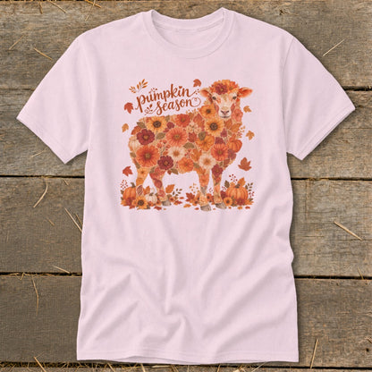 Pink t-shirt with a sheep made of flowers and the text "pumpkin season".