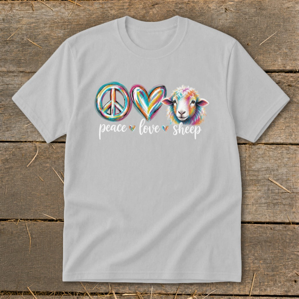 Light gray t-shirt with "Peace Love Sheep" text, peace sign, heart, and colorful sheep graphic.