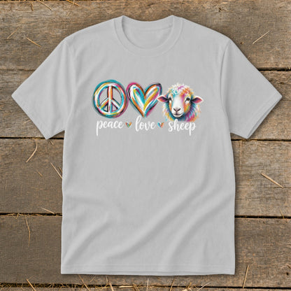 Light gray t-shirt with "Peace Love Sheep" text, peace sign, heart, and colorful sheep graphic.