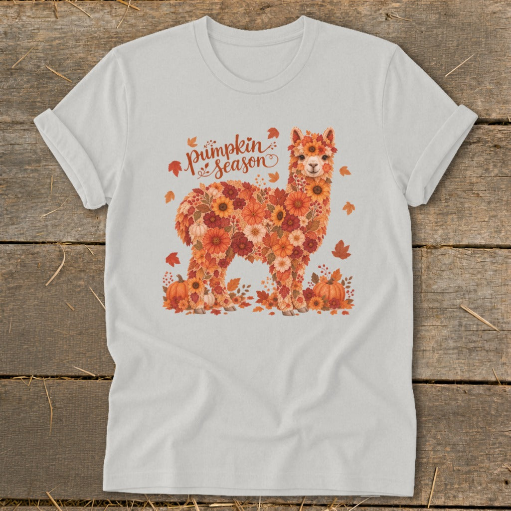 Alpaca made of autumn flowers with pumpkins and "Pumpkin season" text.