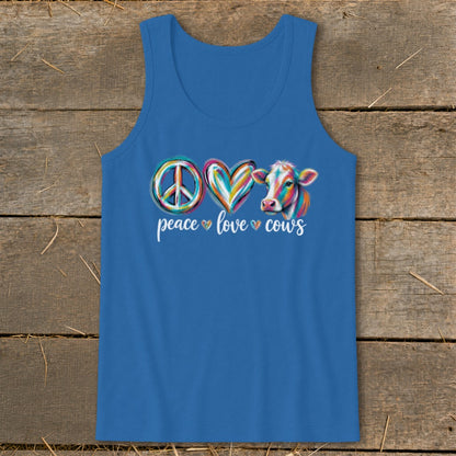 Blue tank top with colorful peace, heart, and cow graphic reading "peace love cows".