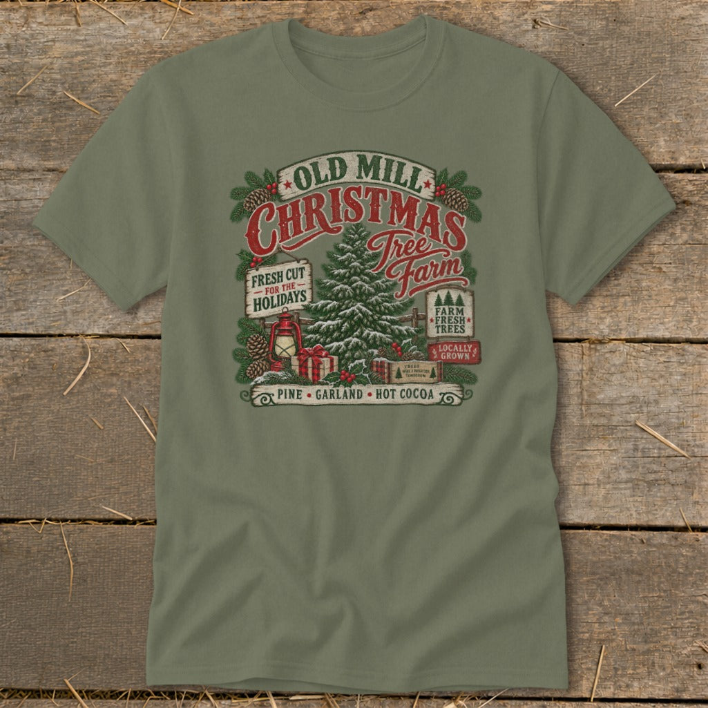 Old Mill Christmas Tree Farm graphic with pine, garland, and hot cocoa text.