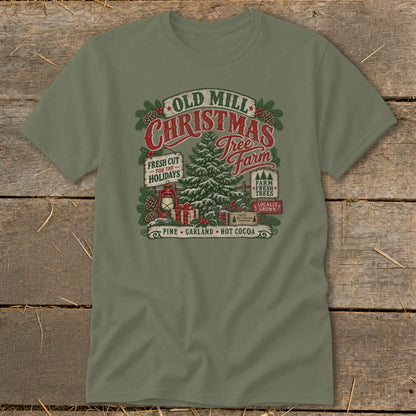 Old Mill Christmas Tree Farm graphic with pine, garland, and hot cocoa text.