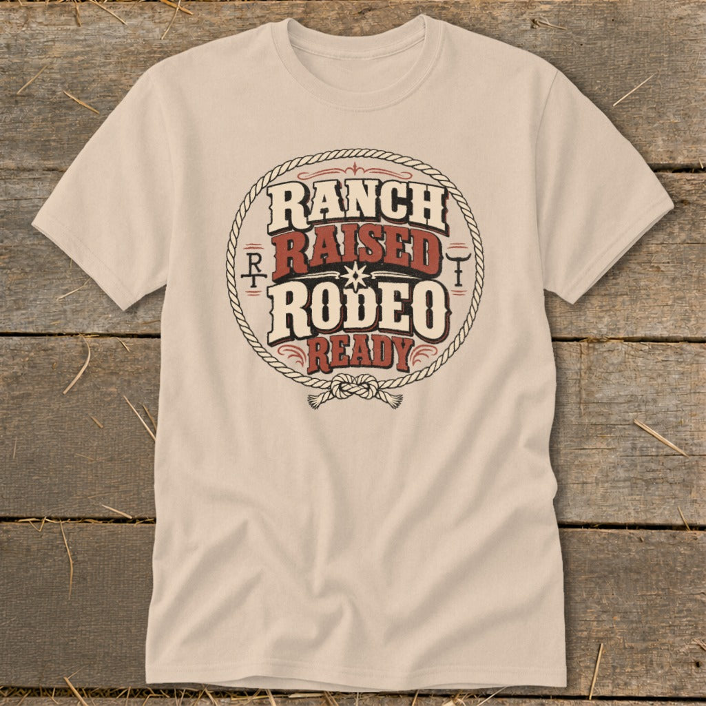 T-shirt with "Ranch Raised Rodeo Ready" text inside a rope circle.