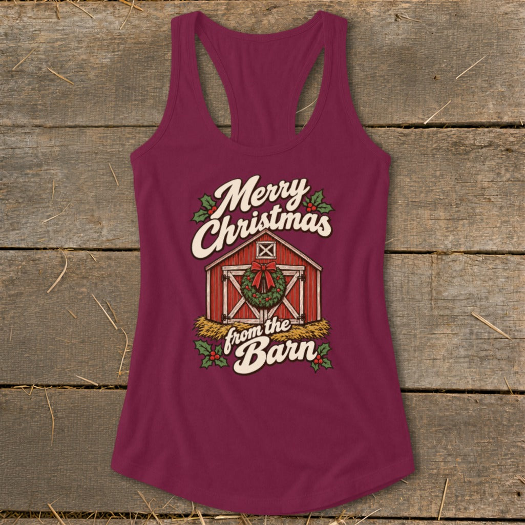 Maroon tank top with "Merry Christmas from the Barn" text and barn graphic.