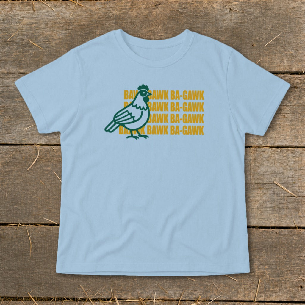 Light blue t-shirt featuring a green chicken graphic and yellow repeating text reading BAWK BA-GAWK.