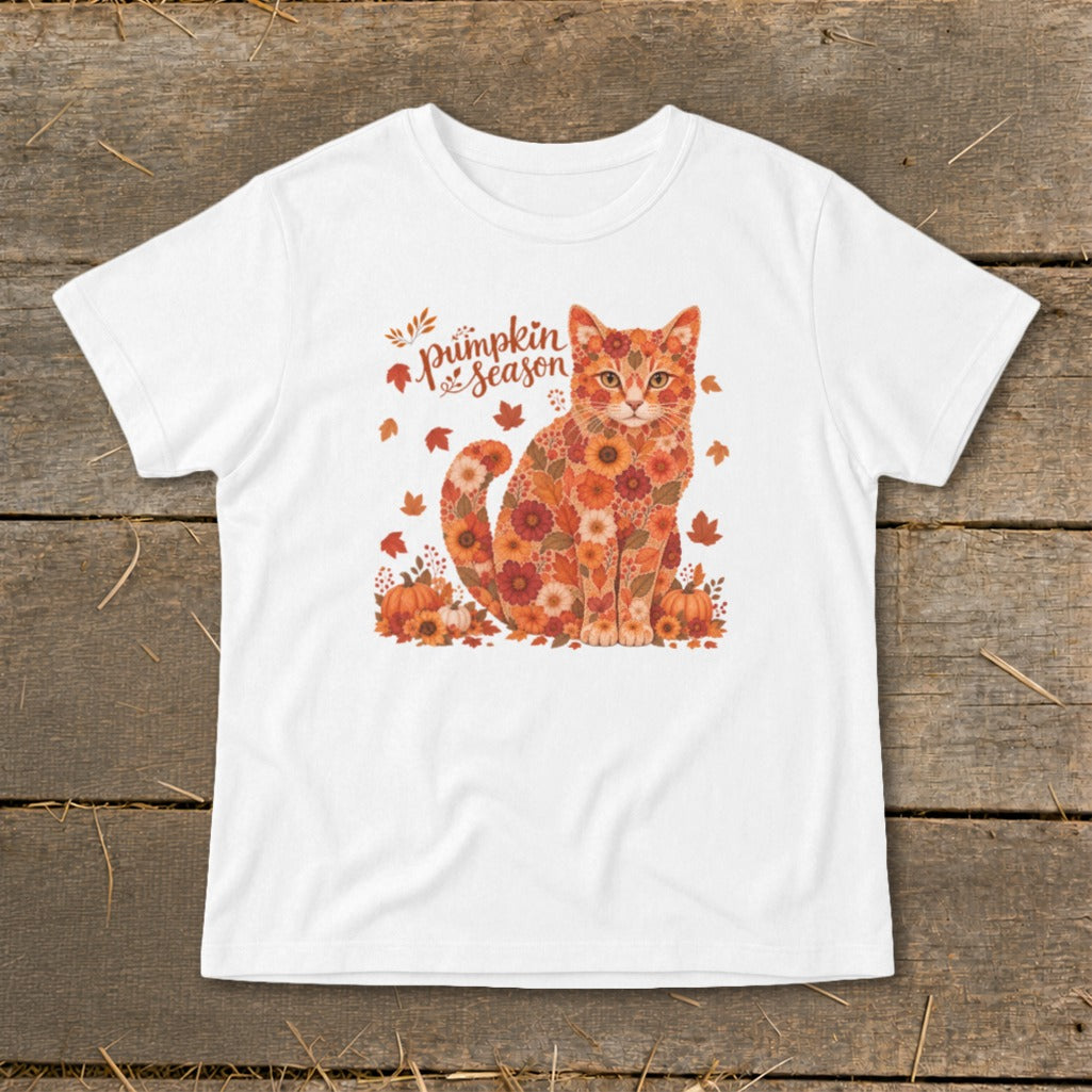 White t-shirt with a floral cat graphic and "pumpkin season" text.