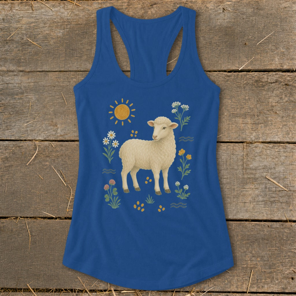 Blue tank top with a sheep, sun, and floral design.