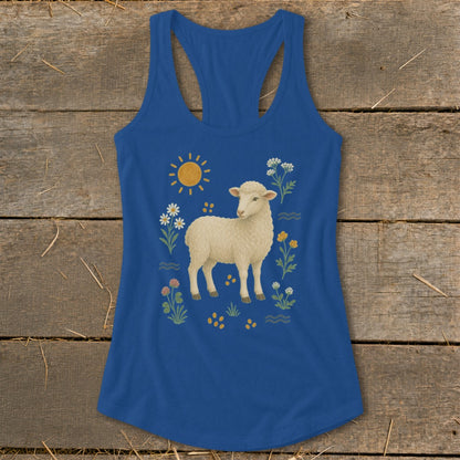 Blue tank top with a sheep, sun, and floral design.