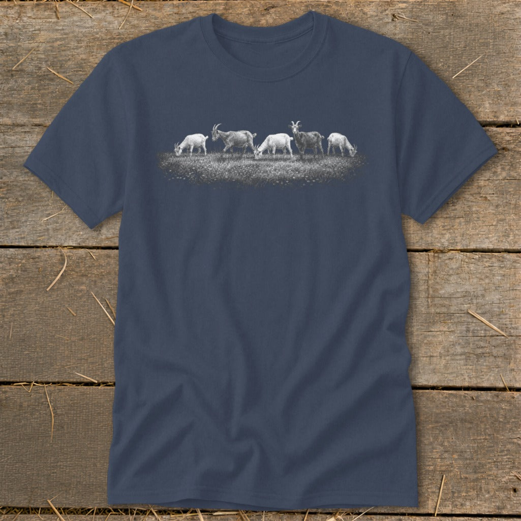 Dark blue t-shirt with a line of goats grazing on grass.
