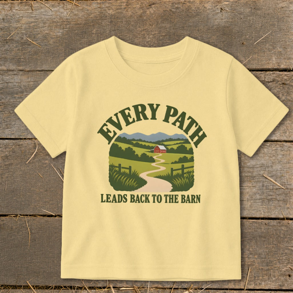 Yellow t-shirt with "Every Path Leads Back To The Barn" graphic.
