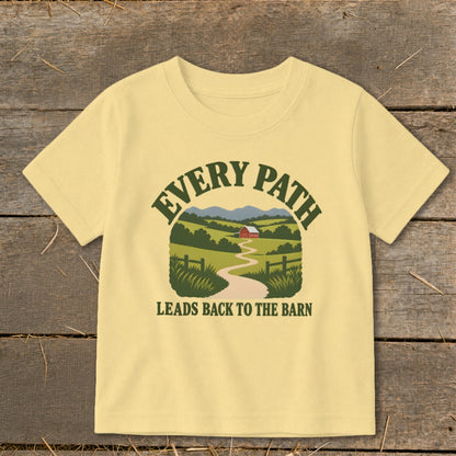 Yellow t-shirt with "Every Path Leads Back To The Barn" graphic.