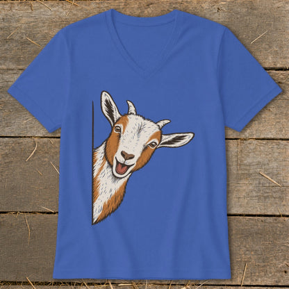 Blue v-neck t-shirt with a peeking goat illustration on the front.