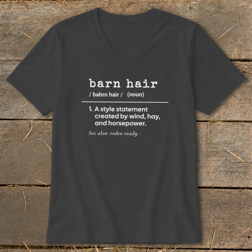 Dark gray v-neck shirt with "barn hair" definition and "rodeo ready" text.