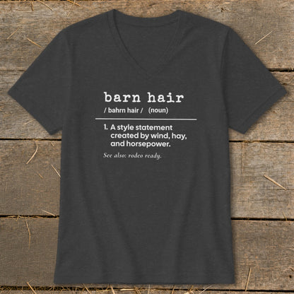 Dark gray v-neck shirt with "barn hair" definition and "rodeo ready" text.