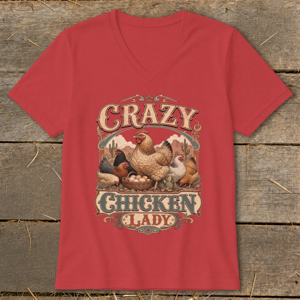 Red v-neck t-shirt with "Crazy Chicken Lady" design and chickens.