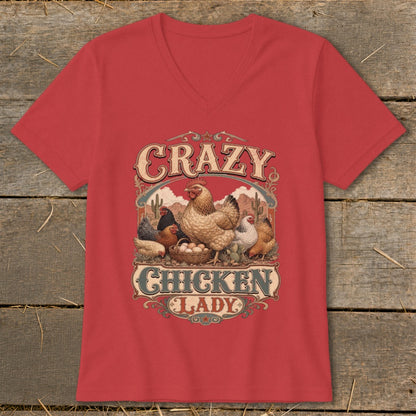 Red v-neck t-shirt with "Crazy Chicken Lady" design and chickens.