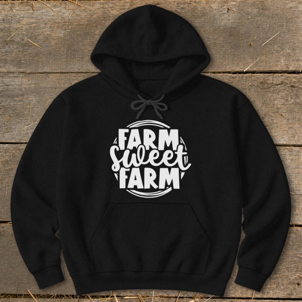 Black hoodie with "Farm Sweet Farm" text graphic in white.