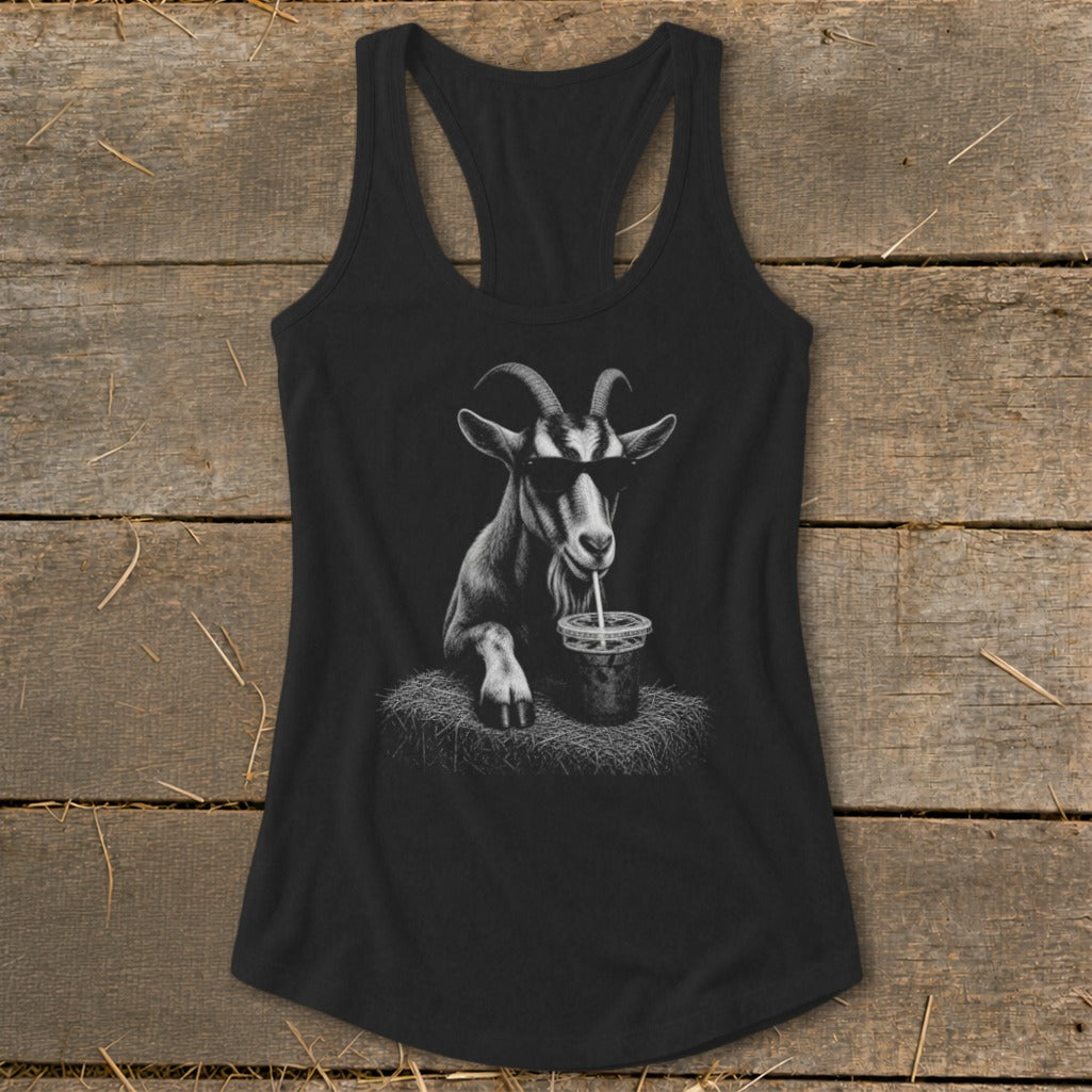 Black tank top with graphic of goat wearing sunglasses drinking from cup.
