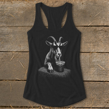 Black tank top with graphic of goat wearing sunglasses drinking from cup.