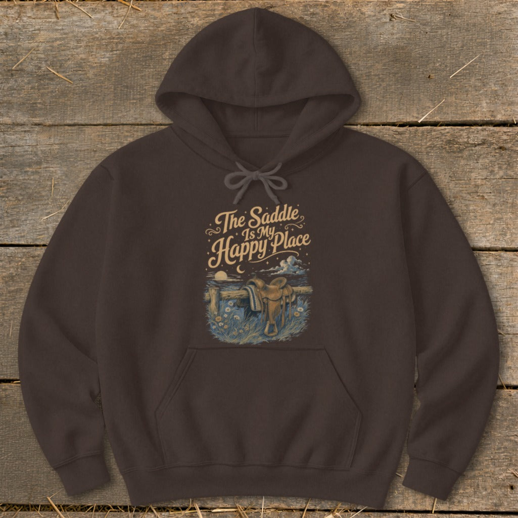Brown hoodie with "The Saddle Is My Happy Place" text and saddle graphic.