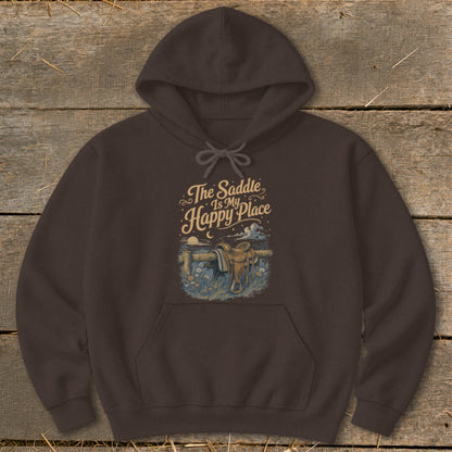 Brown hoodie with "The Saddle Is My Happy Place" text and saddle graphic.