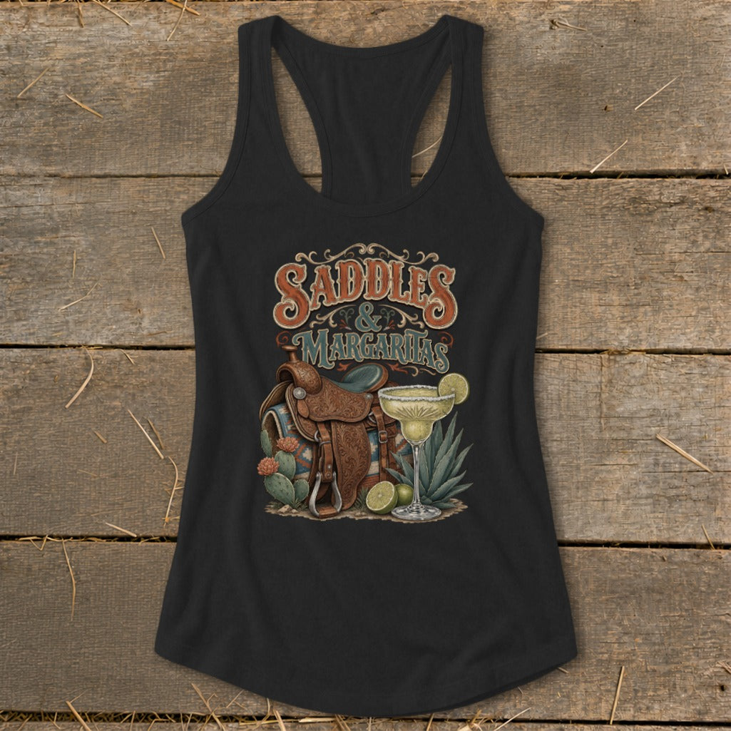 Black tank top with "Saddles & Margaritas" graphic featuring a saddle and margarita.