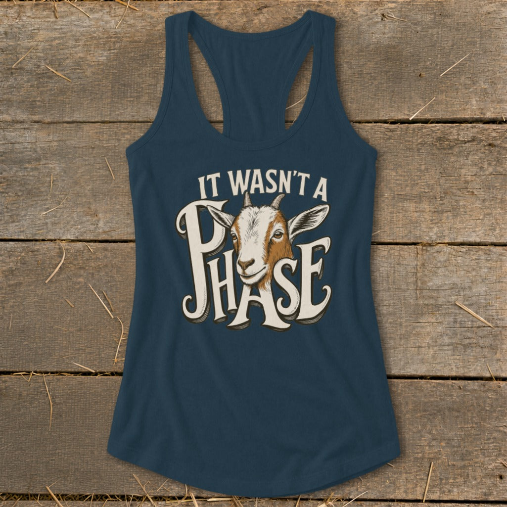 Navy tank top with a goat graphic and text "IT WASN'T A PHASE".