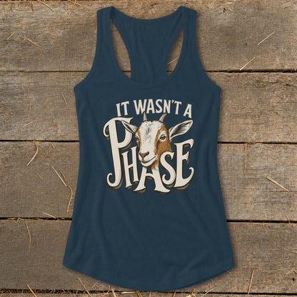Navy tank top with a goat graphic and text "IT WASN'T A PHASE".