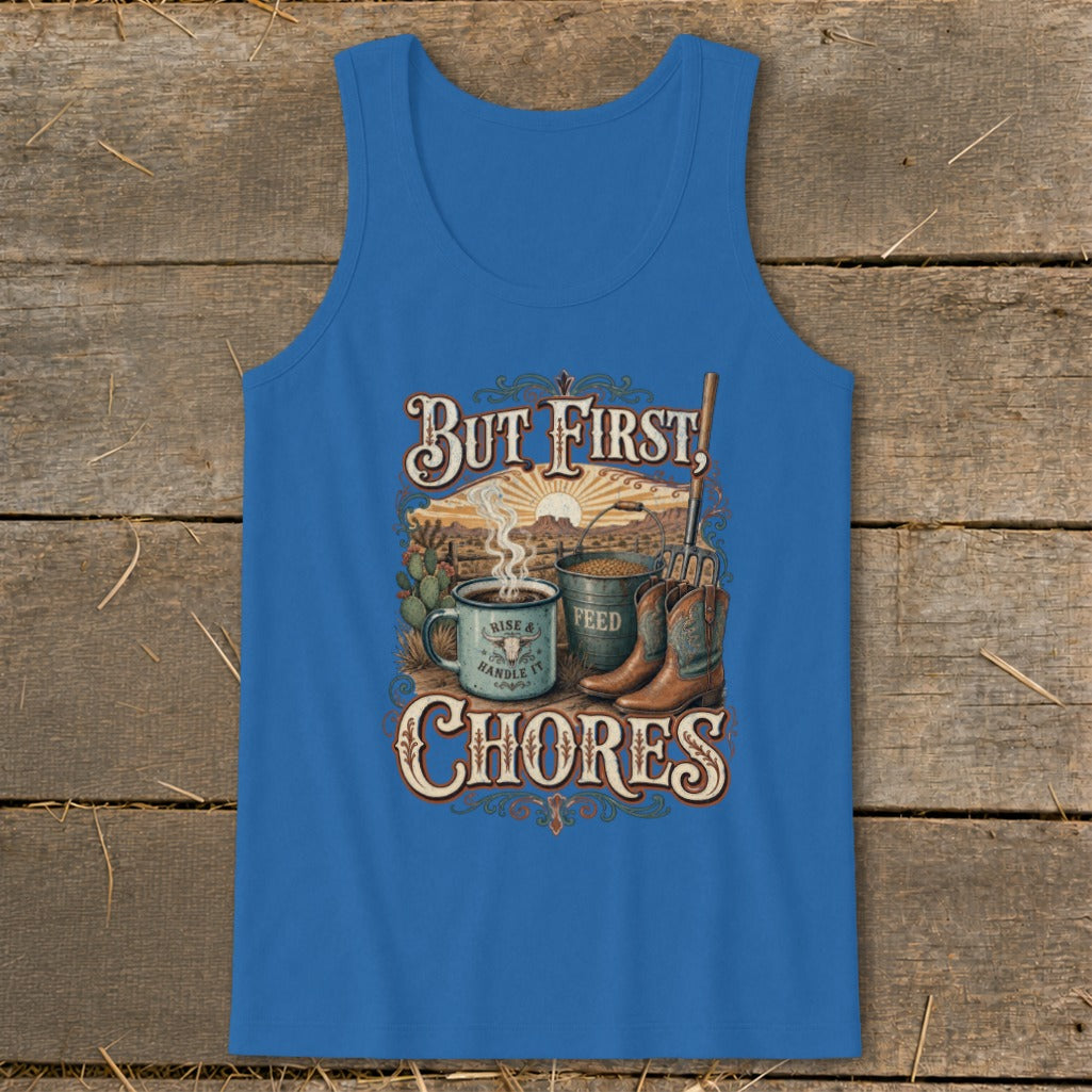 But First, Chores with coffee, feed bucket, boots, and pitchfork.