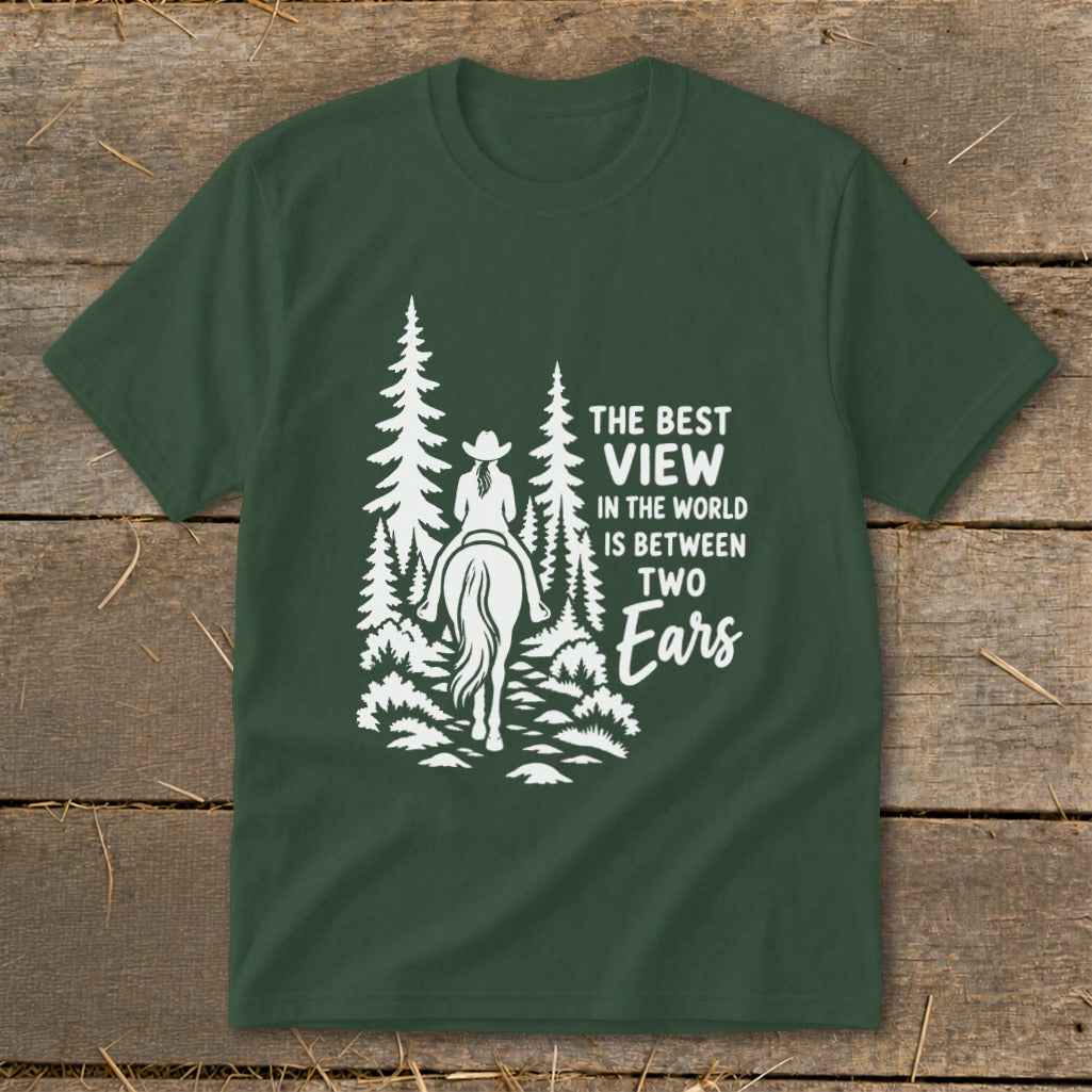 Dark green t-shirt featuring a white graphic of a horseback rider among trees and text.