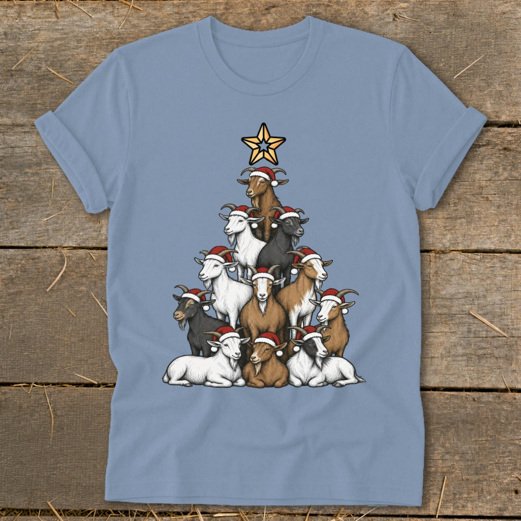 Goats in Santa hats stacked as a Christmas tree with a star on top.