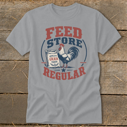 Grey t-shirt with "FEED STORE QUALITY GRAIN FEEDS REGULAR" text and a rooster with a feed bag.