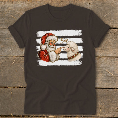 Santa boops a sheep's nose with the word "Boop" above.
