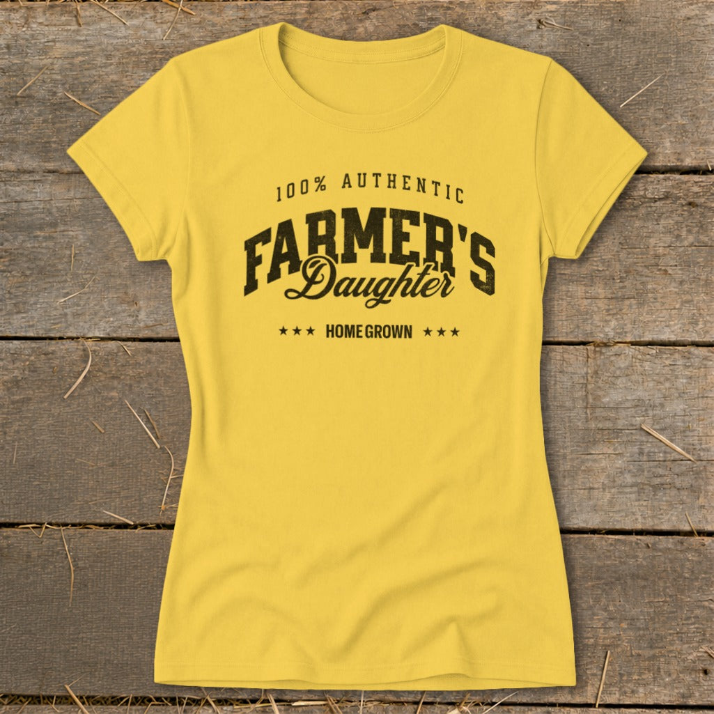 Yellow t-shirt with "Farmer's Daughter Home Grown" text and stars.
