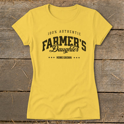 Yellow t-shirt with "Farmer's Daughter Home Grown" text and stars.