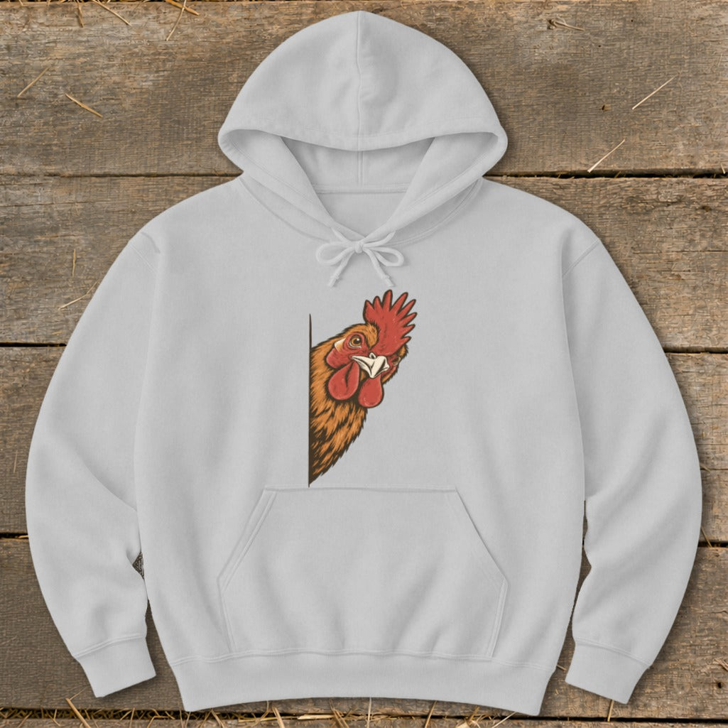Light grey hoodie with a cartoon rooster peeking from the left side.