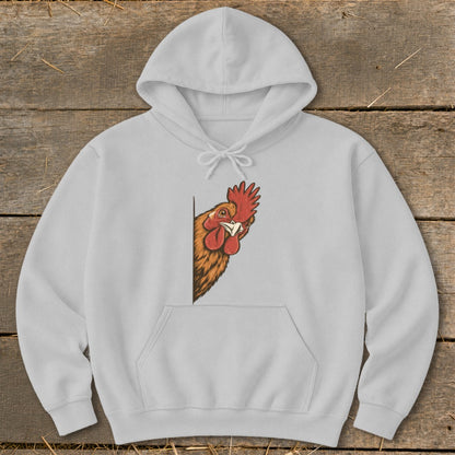 Light grey hoodie with a cartoon rooster peeking from the left side.
