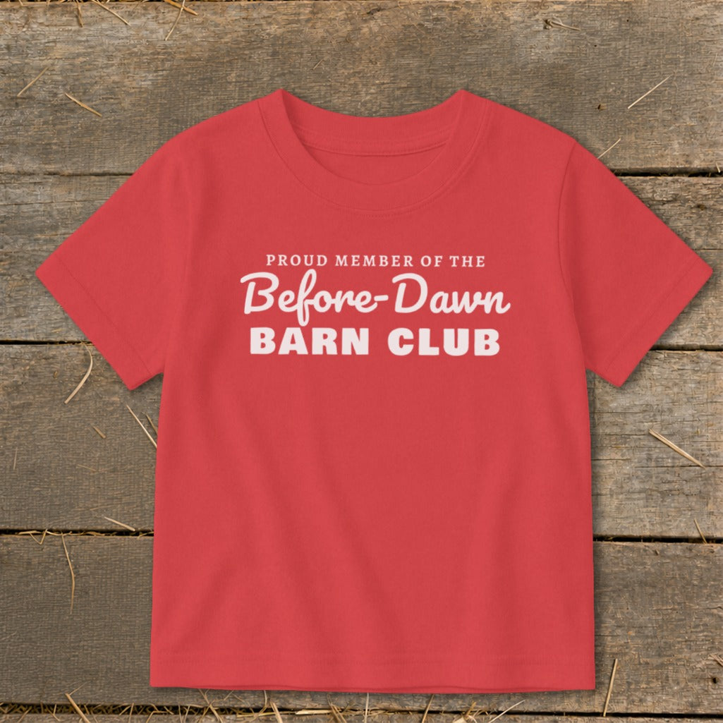 Red t-shirt with "Proud Member of the Before-Dawn Barn Club" text.