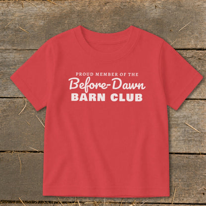 Red t-shirt with "Proud Member of the Before-Dawn Barn Club" text.
