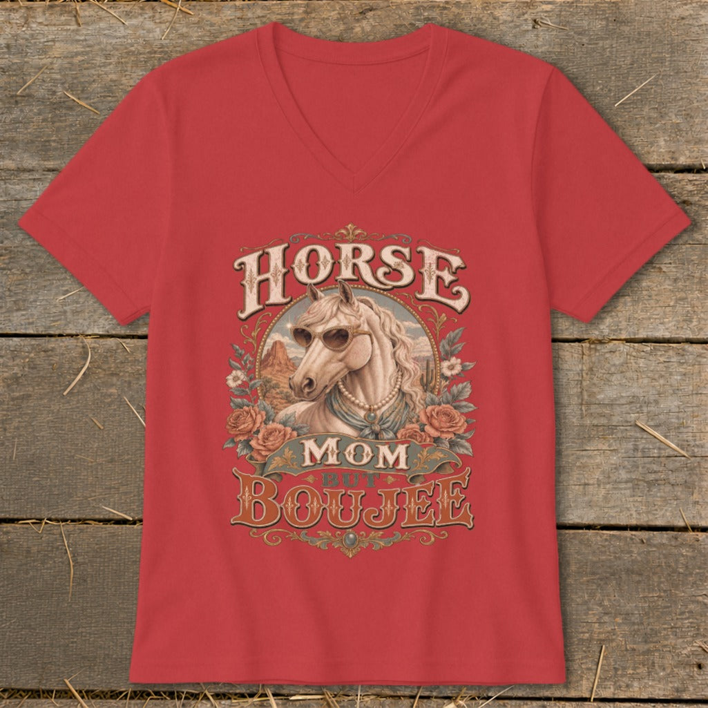 Red v-neck t-shirt with "Horse Mom But Boujee" graphic featuring a horse with sunglasses.