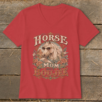Red v-neck t-shirt with "Horse Mom But Boujee" graphic featuring a horse with sunglasses.