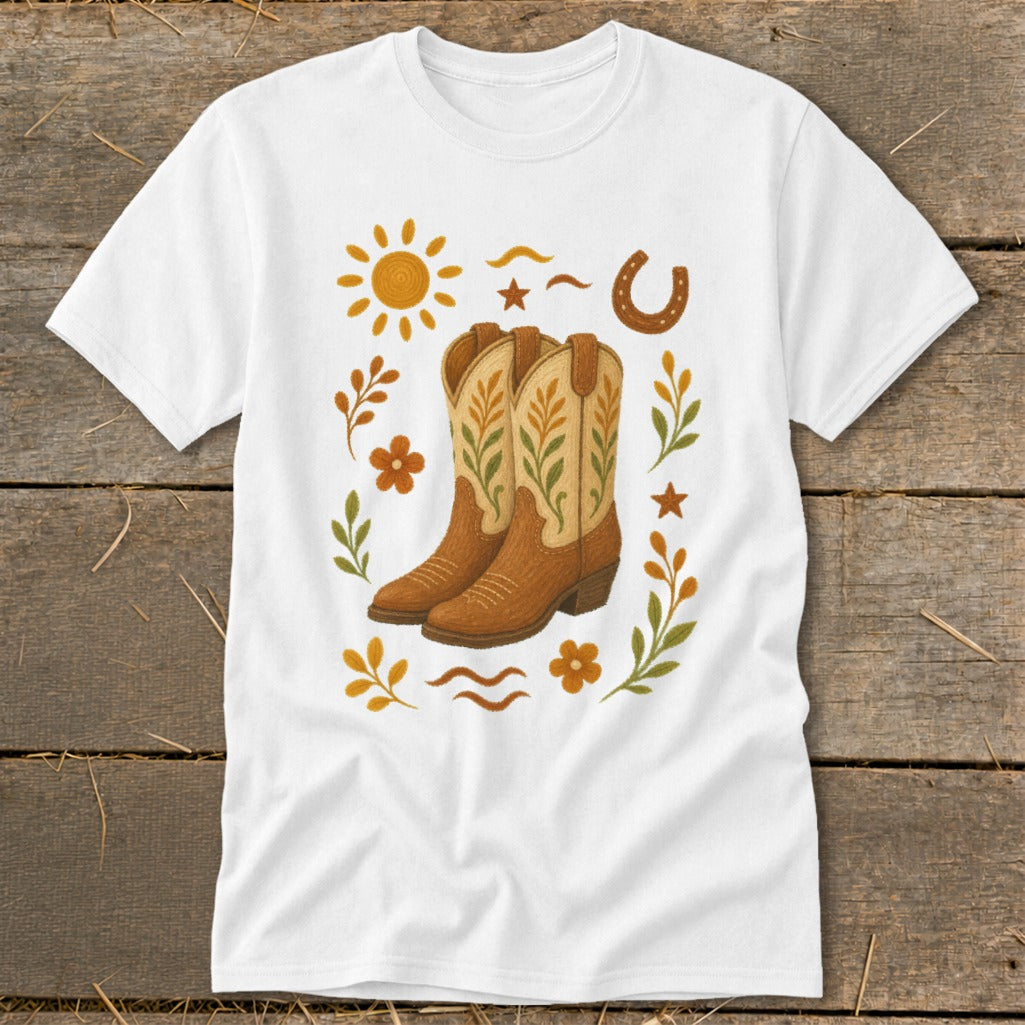 White t-shirt with a graphic of brown cowboy boots surrounded by western-themed elements.