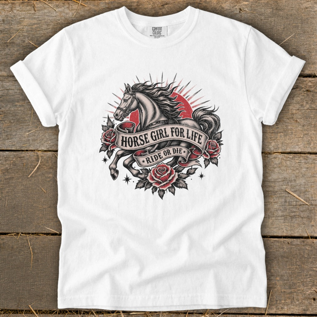 White t-shirt with a vintage tattoo style graphic of a horse, roses, and banner.